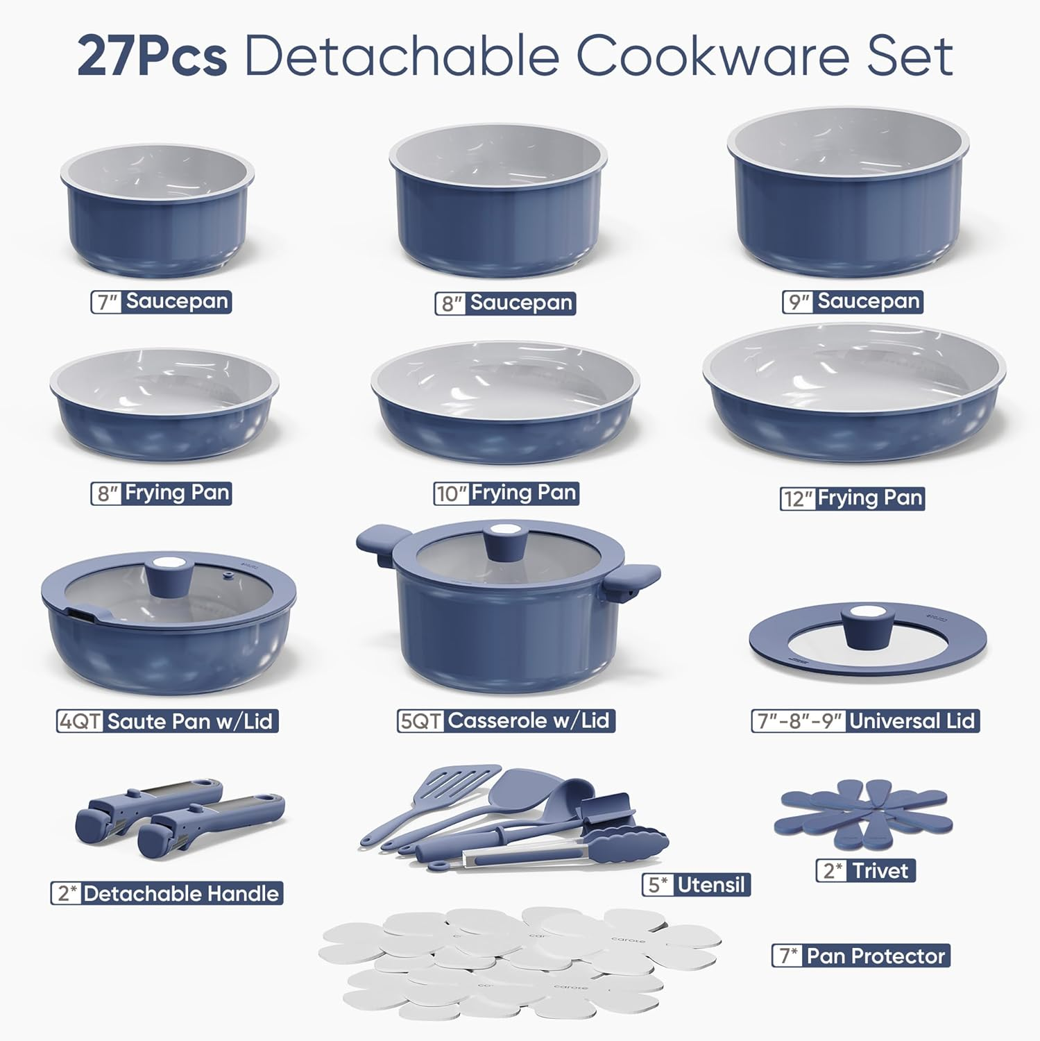 27pcs Ceramic Nonstick Cookware Set | Detachable Handles, Oven Safe