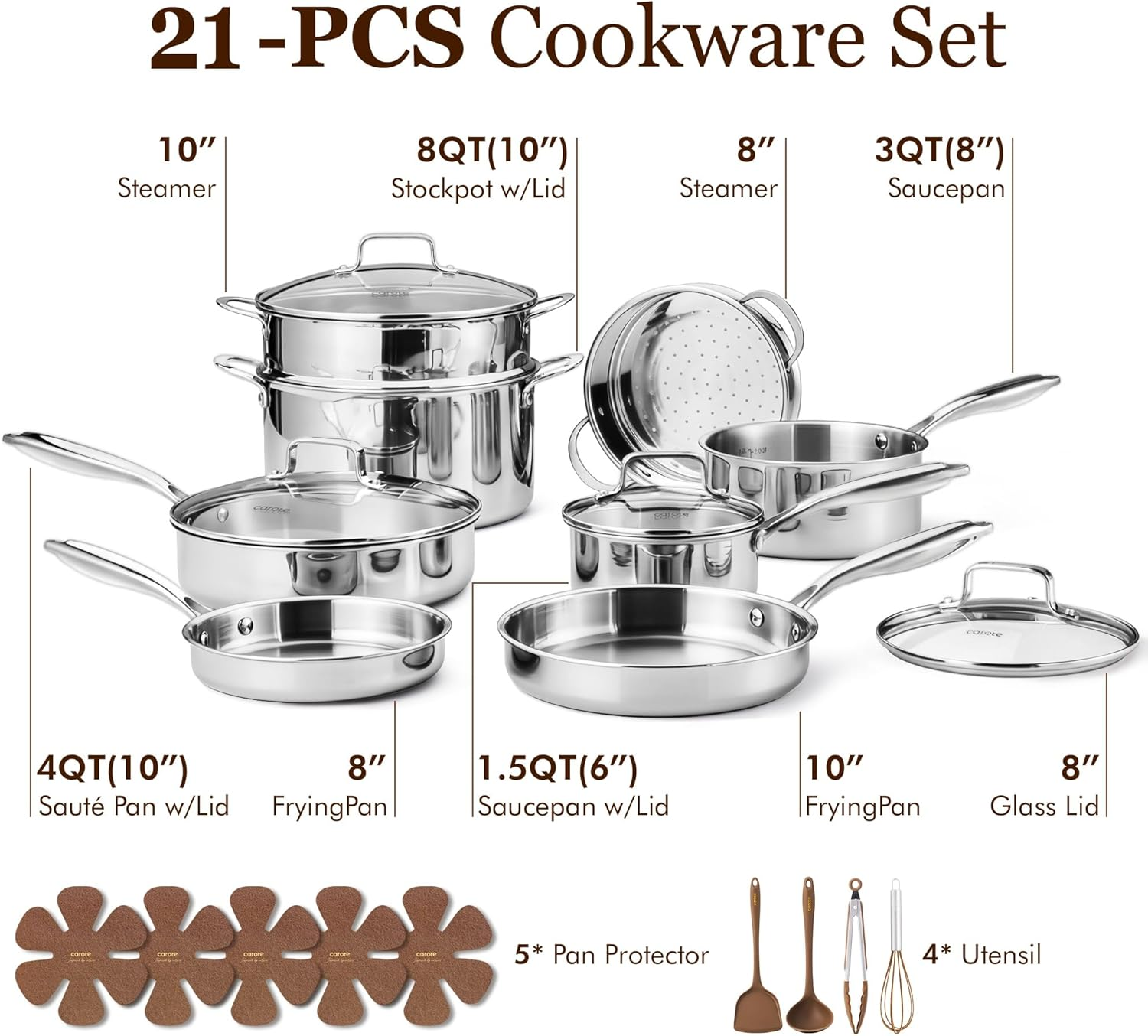 21PCS Induction Cookware Set | Tri-Ply Stainless Steel, Non-Toxic